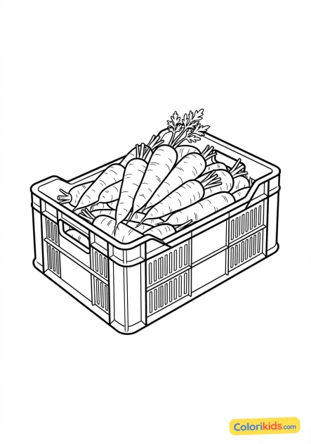 Coloriage à imprimer : caisse en plastique remplie de carottes fraîchement lavées