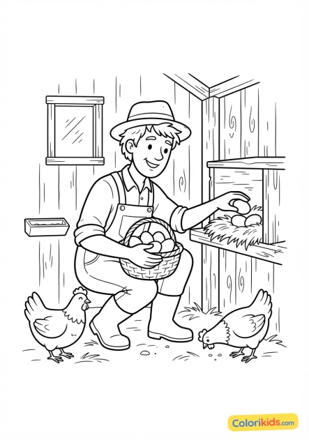Coloriage à imprimer : aviculteur ramassant des oeufs frais dans son poulailler fermier