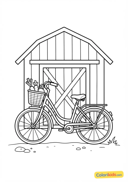 Coloriage à imprimer : bicyclette rétro garée devant une grange en bois rouge