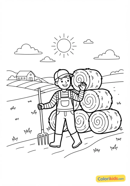 Coloriage à imprimer : balles de foin rondes empilées dans un pré ensoleillé
