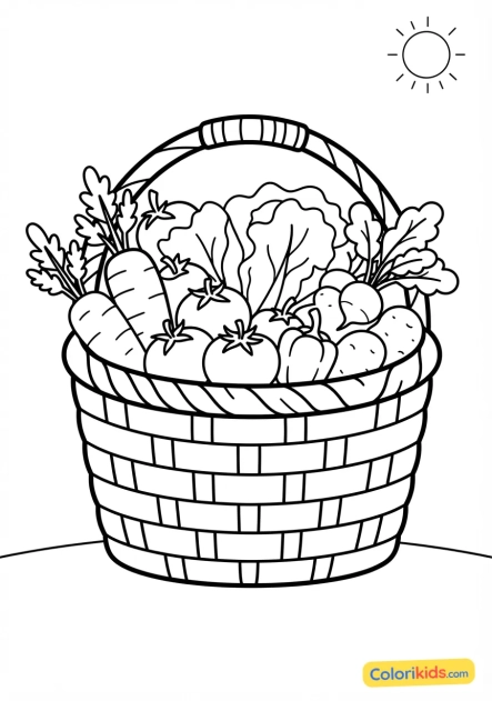 Coloriage à imprimer : panier rustique débordant de légumes frais de la ferme