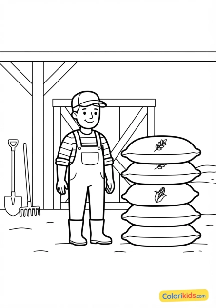 Coloriage à imprimer : sacs de blé et de céréales alignés dans un hangar agricole