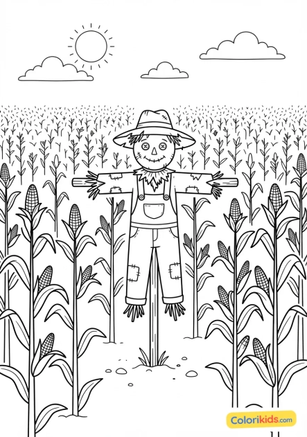 Coloriage à imprimer : Épouvantail planté au milieu d'un champ de maïs immense