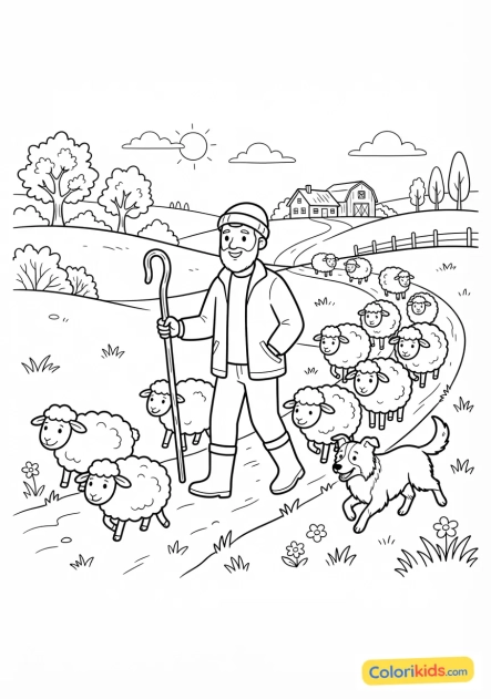 Coloriage à imprimer : berger guidant un troupeau de moutons dans les pâturages verdoyants