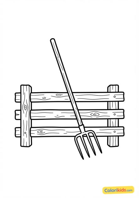 Coloriage à imprimer : fourche de ferme traditionnelle appuyée contre une barrière en bois