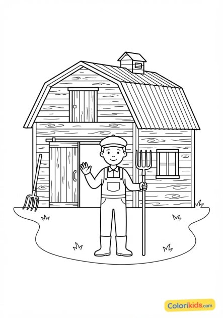 Coloriage à imprimer : ancienne grange en bois traditionnelle avec un toit en tôle