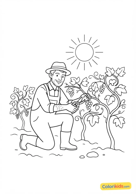 Coloriage à imprimer : viticulteur taillant les vignes de son vignoble baigné de lumière