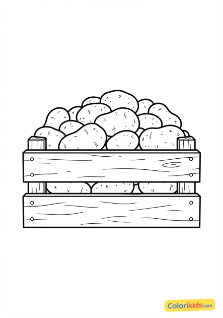 Coloriage à imprimer : caisse en bois remplie de pommes de terre fraîchement récoltées