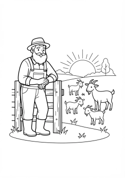 Voir le coloriage Agriculteur barbu observant son troupeau de chèvres au coucher du soleil