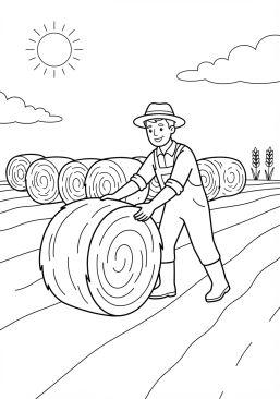 Voir le coloriage Céréalier installant des bottes de foin dorées dans un grand champ