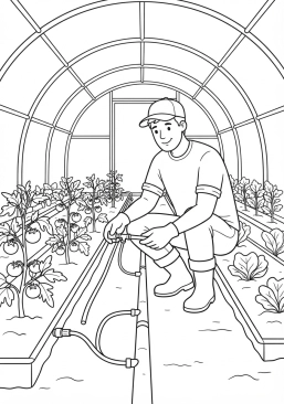 Voir le coloriage Agriculteur vérifiant le système d'irrigation dans ses serres maraîchères