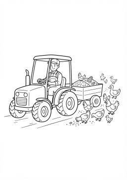 Voir le coloriage Agriculteur conduisant un petit tracteur utilitaire pour nourrir ses volailles
