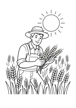 Voir le coloriage Agriculteur inspectant des épis de blé doré sous un beau soleil d'été