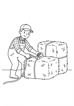 Voir le coloriage Agriculteur attachant des bottes de paille avec de la ficelle solide
