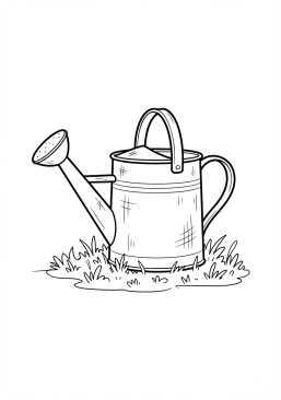 Voir le coloriage Arrosoir en métal galvanisé posé sur l'herbe