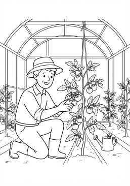Voir le coloriage Maraîcher examinant la qualité de ses plants de tomates sous serre