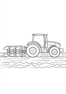Voir le coloriage Tracteur agricole moderne avec charrue dans un champ labouré