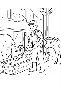 Voir le coloriage Éleveur passionné nourrissant ses vaches laitières dans l'étable