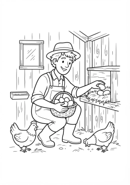 Voir le coloriage Aviculteur ramassant des oeufs frais dans son poulailler fermier