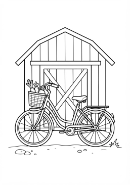 Voir le coloriage Bicyclette rétro garée devant une grange en bois rouge