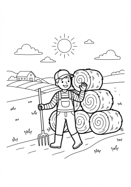 Voir le coloriage Balles de foin rondes empilées dans un pré ensoleillé