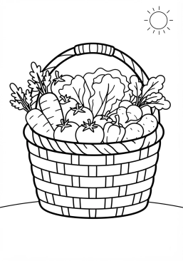 Voir le coloriage Panier rustique débordant de légumes frais de la ferme