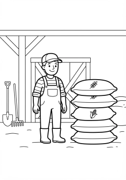 Voir le coloriage Sacs de blé et de céréales alignés dans un hangar agricole