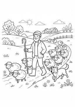 Voir le coloriage Berger guidant un troupeau de moutons dans les pâturages verdoyants