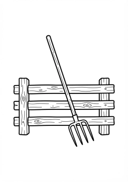 Voir le coloriage Fourche de ferme traditionnelle appuyée contre une barrière en bois
