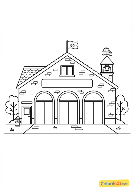 Coloriage à imprimer : caserne de pompiers avec ses portes