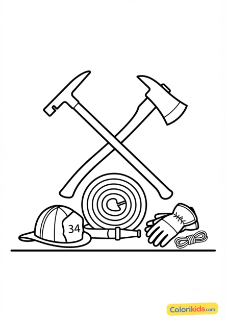 Coloriage à imprimer : hache de pompier et équipements