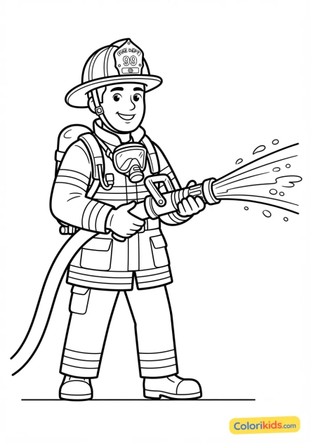 Coloriage à imprimer : pompier tenant sa lance à incendie
