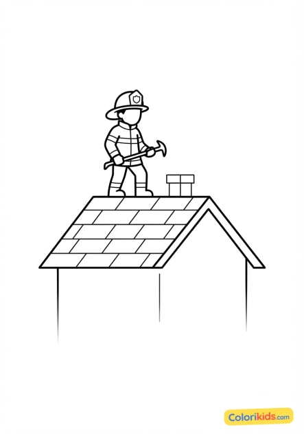 Coloriage à imprimer : pompier sur le toit d'une maison