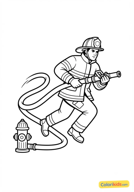 Coloriage à imprimer : pompier en intervention rapide