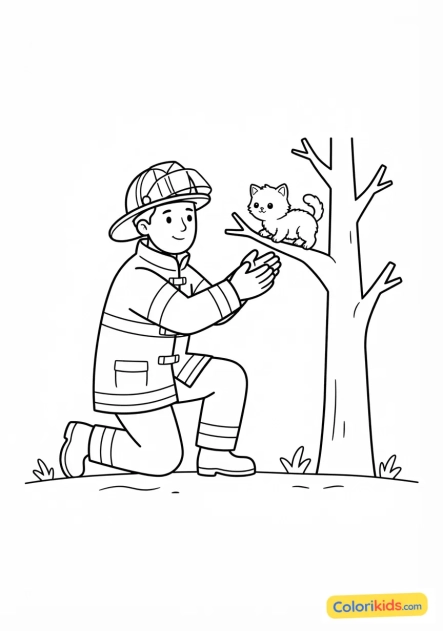 Coloriage à imprimer : pompier au secours d'un chaton
