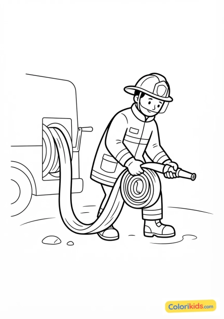 Coloriage à imprimer : pompier qui déroule sa lance