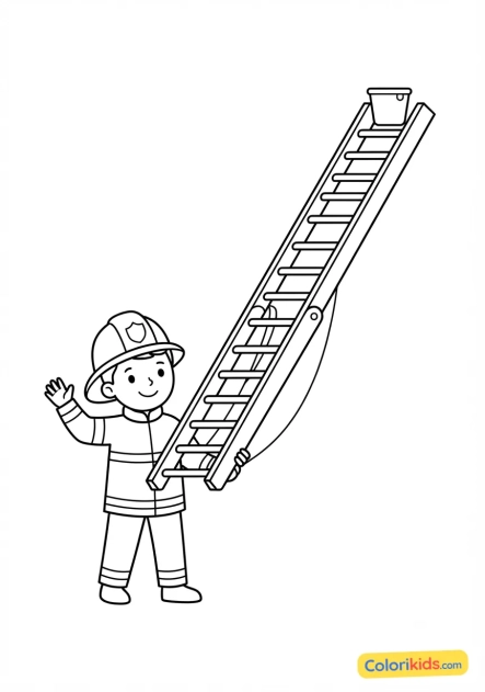 Coloriage à imprimer : pompier avec sa grande échelle