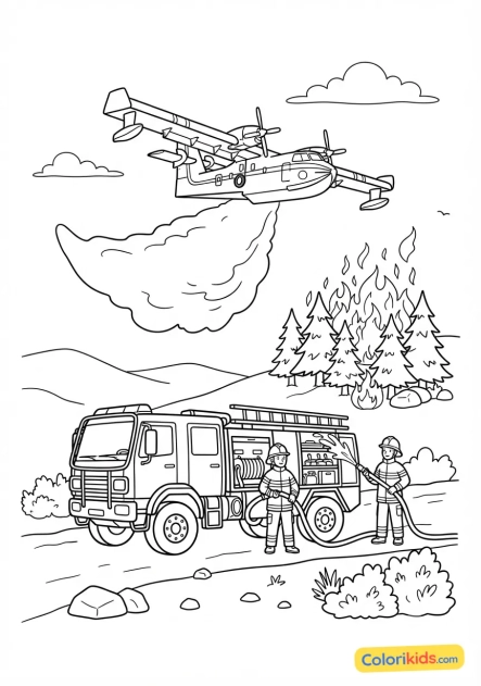 Coloriage à imprimer : feu de forêt et intervention aérienne