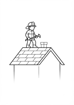 Coloriage Pompier sur le toit d'une maison