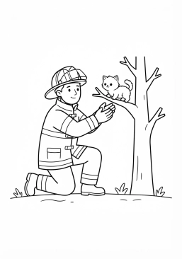 Coloriage Pompier au secours d'un chaton