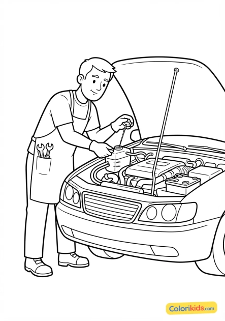 Coloriage à imprimer : technicien appliqué vérifiant le niveau de liquide de refroidissement