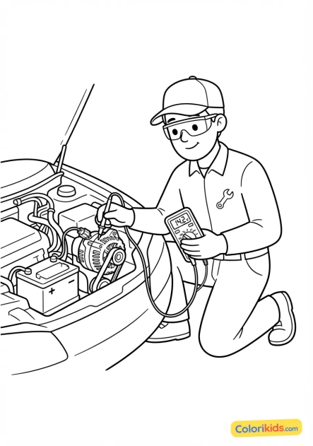 Coloriage à imprimer : Électricien auto testant l'alternateur avec un multimètre numérique