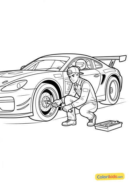 Coloriage à imprimer : technicien automobile concentré changeant la roue d'une voiture de course sportive