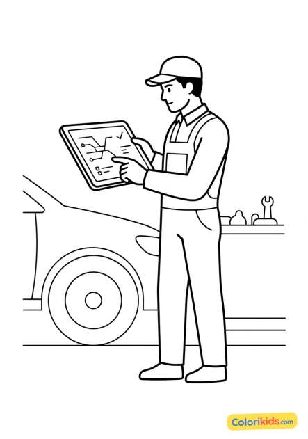 Coloriage à imprimer : opérateur de garage concentré tenant une tablette tactile avec un diagnostic électronique