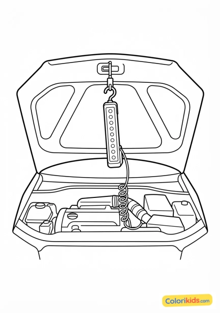 Coloriage à imprimer : lampe baladeuse LED magnétique accrochée sous le capot d'une voiture