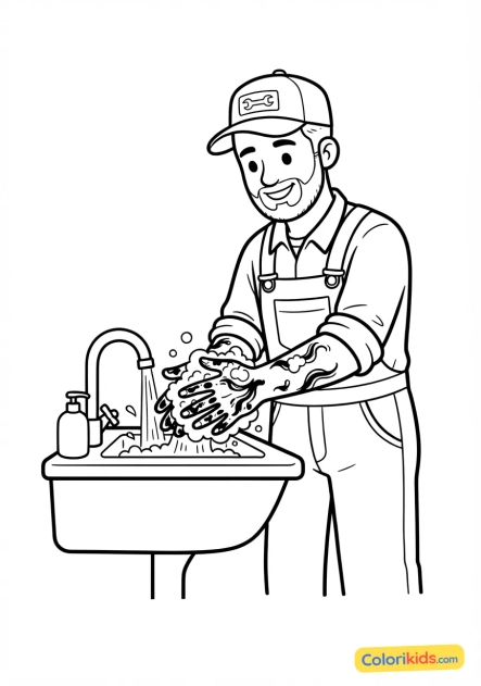 Coloriage à imprimer : mécanicien nettoyant ses mains pleines de cambouis avec un savon spécial