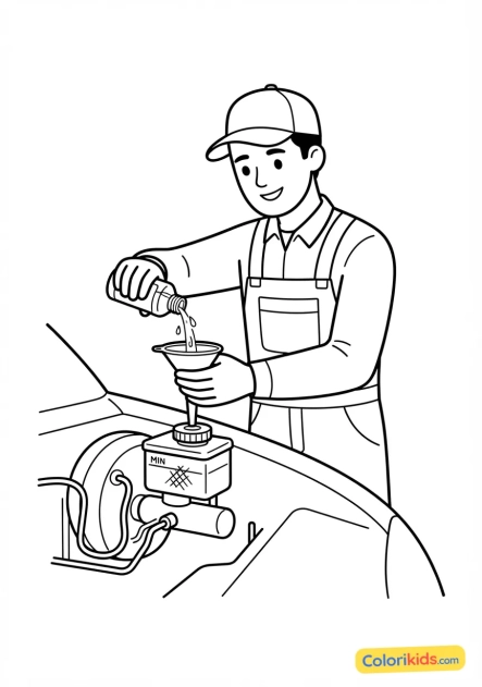 Coloriage à imprimer : mécanicien versant du liquide de frein neuf dans le réservoir