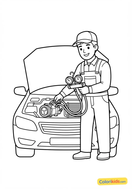 Coloriage à imprimer : mécanicien réparant le système de climatisation automobile