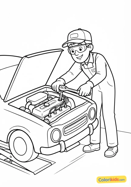Coloriage à imprimer : mécanicien remplaçant les bougies d'allumage d'un moteur à essence