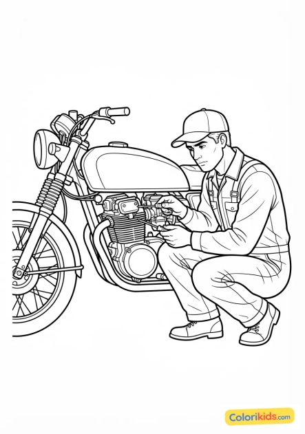 Ausmalbild zum Ausdrucken: sorgfältiger Mechaniker stellt den Vergaser eines Oldtimer-Motorrads ein